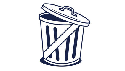 A simple hand drawn illustration of a dark blue trash can with its lid slightly ajar and a diagonal band across its front isolated on a white background