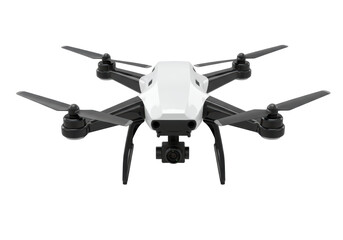 Isolated detailed white drone quadcopter with camera, showcasing advanced aerial technology and innovative design for professional photography and videography.