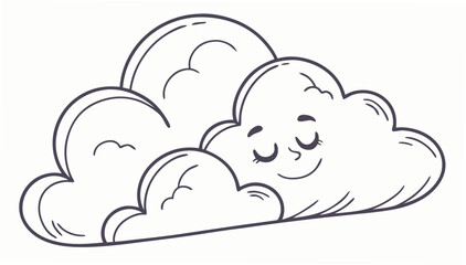 A cute cartoon cloud with a happy smiling face and closed eyes drawn in a simple outline style perfect for children s illustrations and designs