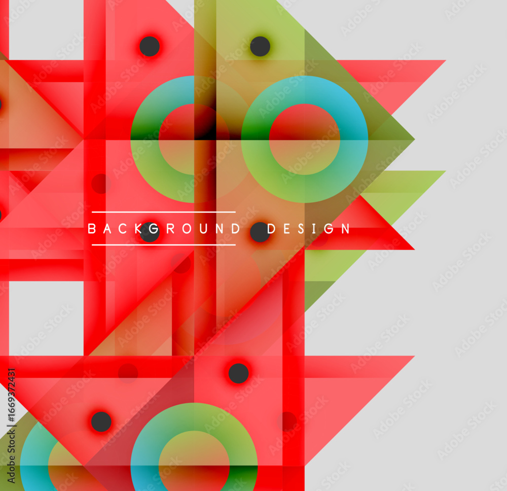 Poster abstract geometric shapes overlap. red, green, blue hues dominate composition. modern design element
