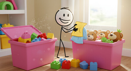 Smiling Stick Figure Character Cleaning & Organizing Toys in Child's Room with Pink Storage Bins