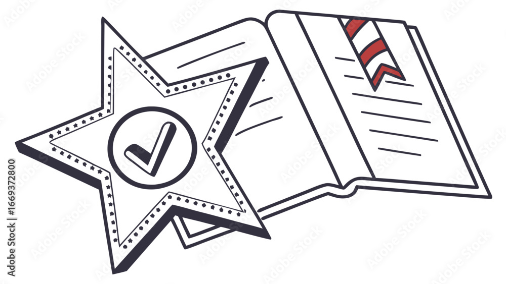 Poster A stylized graphic illustration of an open book with a bookmark and a star shape featuring a checkmark inside a circle symbolizing achievement and knowledge