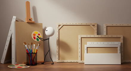 3D Stick Figure Artist Painting on Canvas with Art Supplies and Blank Canvases
