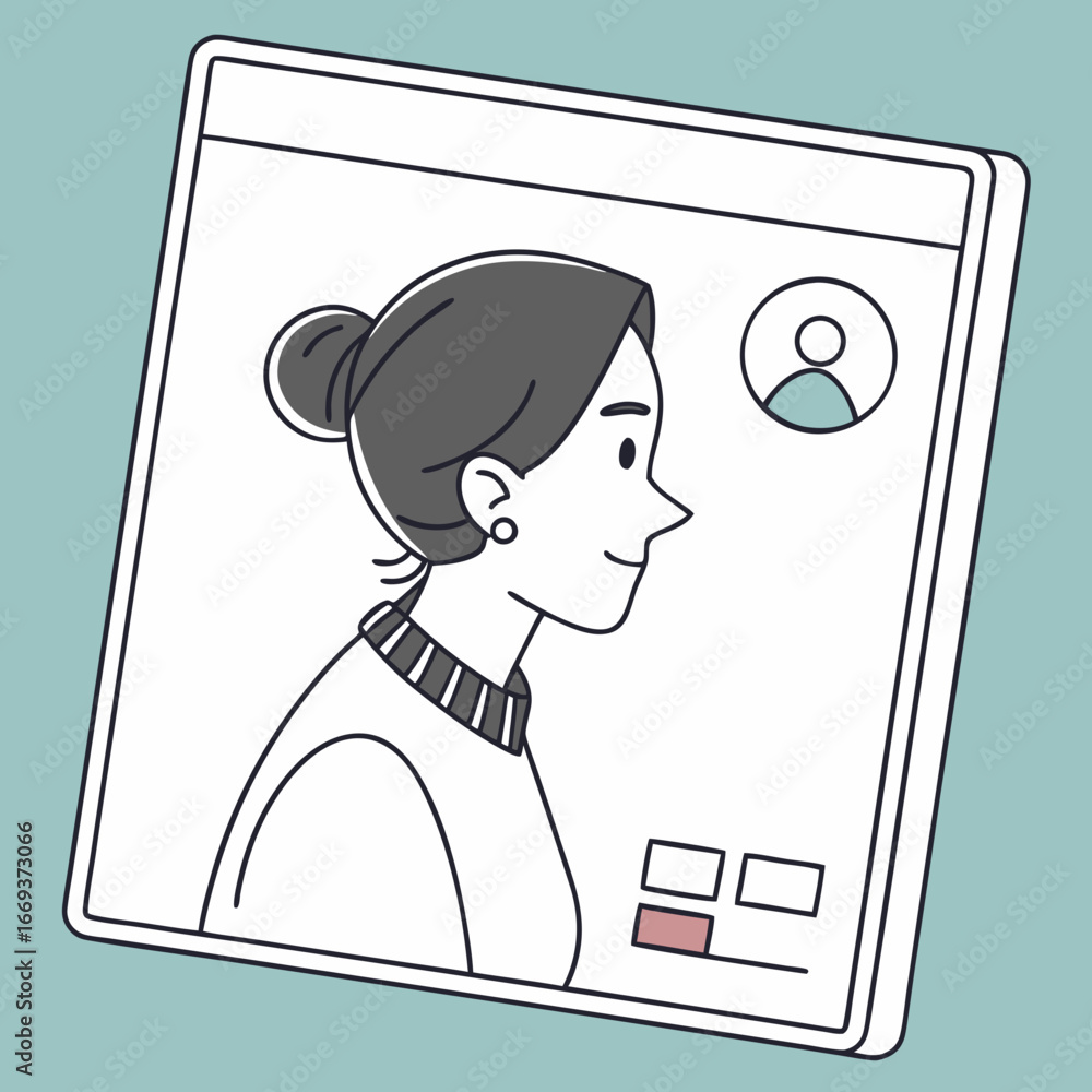 Poster illustration of a woman in profile on a computer screen with a profile picture and interface element