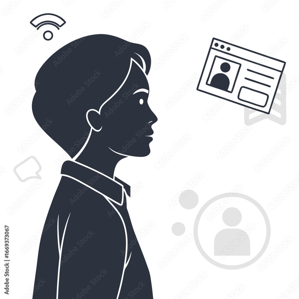 Poster silhouette of a person in profile with icons representing online profile communication and connectiv