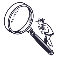 A stylized black and white illustration of a man in a hat and suit using a magnifying glass to examine something closely against a white background