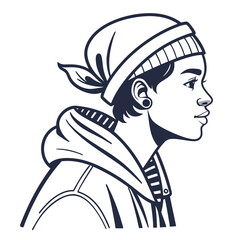 Stylized black and white vector illustration profile of a young woman wearing a beanie and hoodie conveying a modern urban aesthetic and confident attitude