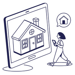 A person uses a tablet to view a house on a large screen symbolizing online real estate search and home buying decisions
