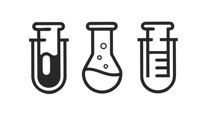 Modern minimalist line art illustration of three distinct laboratory flasks containing liquids and bubbles against a stark black background representing scientific research and experimentation