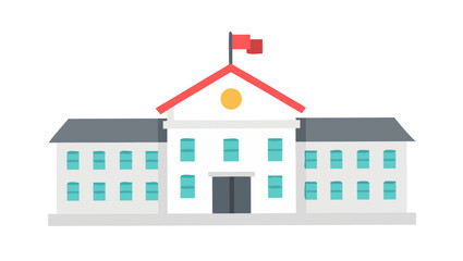 A stylized flat illustration of a classic school building with a red roof a yellow circle and two red flags flying above the entrance representing education and learning