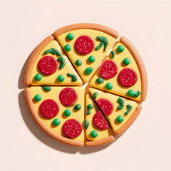 Overhead shot of a toy pizza with pepperoni, cheese, and green pepper toppings