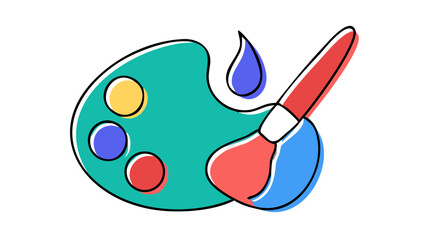 A vibrant cartoon illustration featuring a painter s palette with colorful paint blobs and a paintbrush with red and blue bristles on a black background