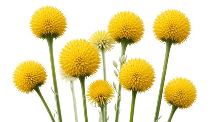 high-resolution photo of Craspedia globosa flowers, also known as billy buttons or drumstick flowers, isolated on a clean white background
