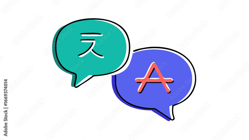 Poster two speech bubbles one with a japanese character and the other with the letter a symbolizing languag