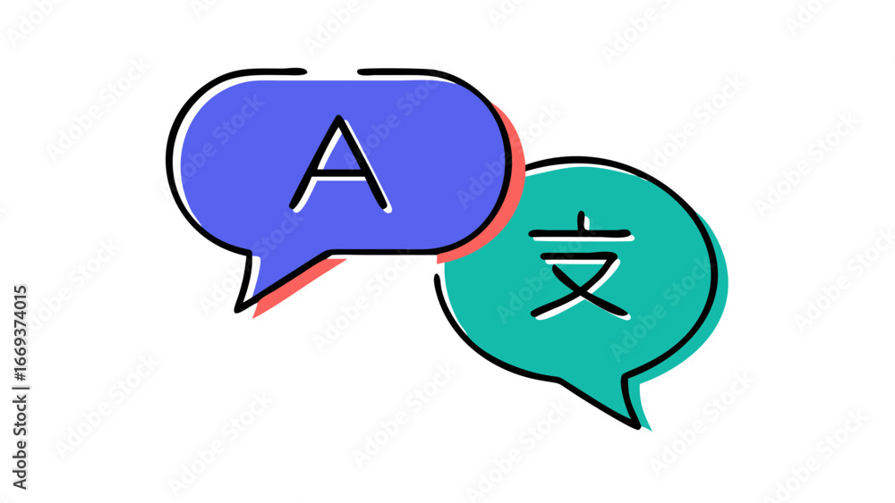 Poster two speech bubbles one with the letter a and the other with a chinese character symbolizing language