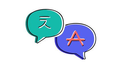 Two speech bubbles one with a japanese character and the other with the letter a symbolizing language translation and communication across cultures