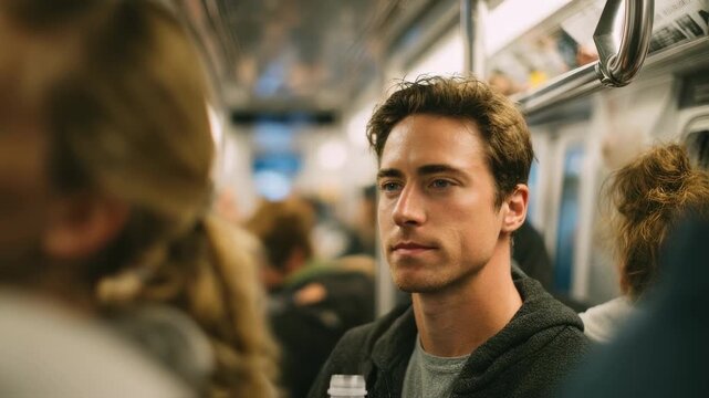 Clearfocused commuter chugging electrolyte water in a crowded transport setting with moving passengers softly out of focus illustrating rehydration during headache discomfort.