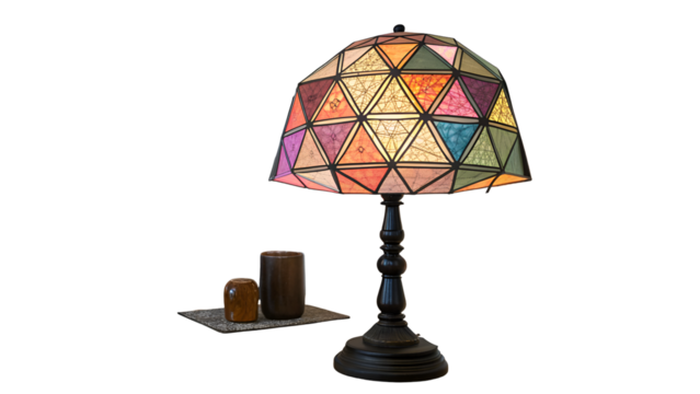 Colorful geometric lampshade on ornate black lamp base with decorative objects isolated on a transparent background