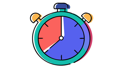 A stylized illustration of a stopwatch with a teal border and colorful segmented face featuring red blue and pink sections against a stark black background