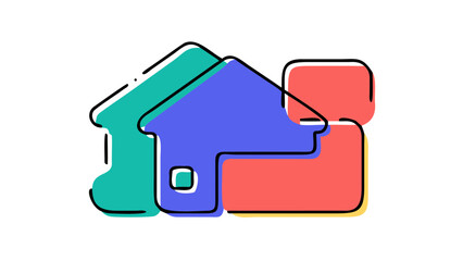 Abstract representation of a house formed by overlapping geometric shapes in vibrant teal blue and coral red colors against a stark black background