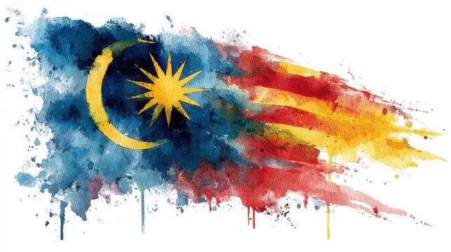 Colorful watercolor interpretation of the malaysian flag with flowing artistic splatters. Malaysia Day