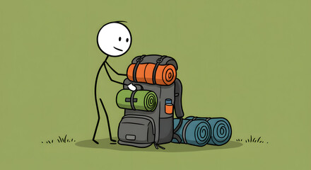 Cartoon stick figure packing a large hiking backpack with camping gear, ready for an outdoor adventure or travel.
