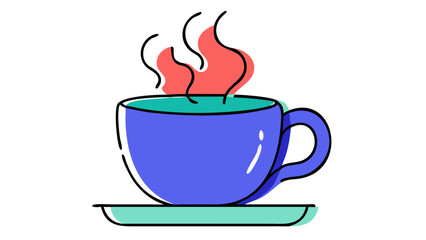 A vibrant modern illustration of a steaming blue coffee cup with a teal rim and a matching saucer set against a stark black background evoking warmth and comfort