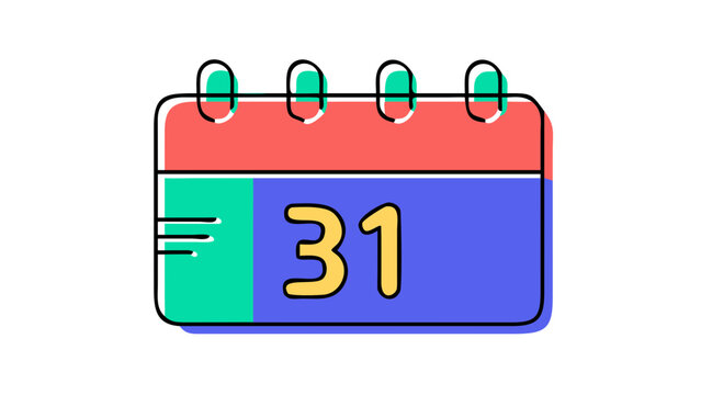 A stylized flat design illustration of a calendar page showing the number thirty one with a coral red top and a teal and blue body against a black background