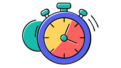 A stylized cartoon stopwatch with a blue border yellow and red quadrants on its face and a teal bell isolated on a black background symbolizing urgency and time management
