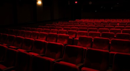 Empty red theater seats in a darkened auditorium