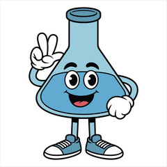 Cartoon Science Flask Vector. Funny Laboratory Beaker Mascot Character with Smile and Peace Sign Illustration