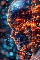 Glowing digital human head composed of abstract data streams, with technology code background in vibrant orange, indigo, and gunmetal color palette, intricate futuristic AI concept, high-definition wa