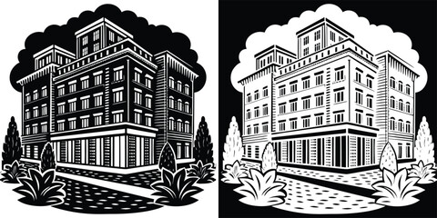 Stunning vintage building facade with lush greenery and dramatic clouds overhead, evoking classic city charm and architectural beauty.