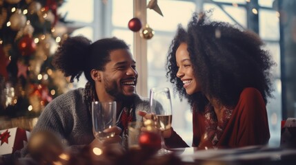 Loving couple celebrating Christmas at home. Man and woman in a seasonal winter interior. The concept of holidays.
