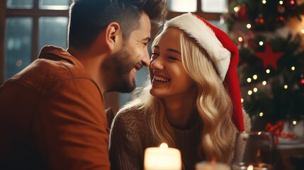 Loving couple celebrating Christmas at home. Man and woman in a seasonal winter interior. The concept of holidays.