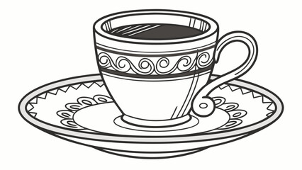 A detailed black and white illustration of a vintage coffee cup and saucer featuring ornate decorative scrollwork and a geometric patterned rim on the saucer