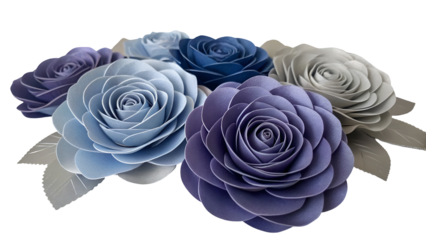 Deep blue lavender muted gray paper roses isolated on a transparent background image