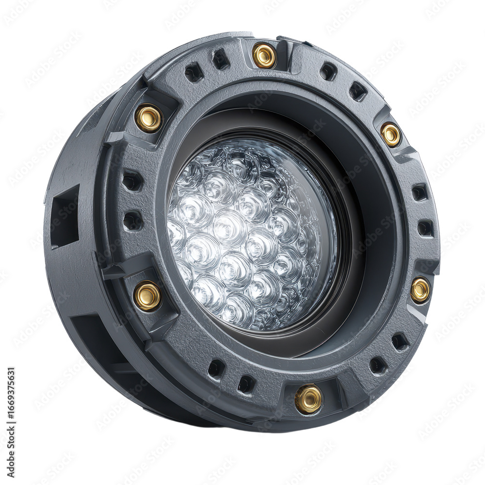 Poster a detailed 3d render of a circular metallic device with multiple leds and visible screws