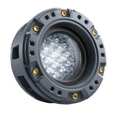 Obraz premium A detailed 3D render of a circular metallic device with multiple LEDs and visible screws