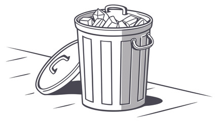 A stylized black and white illustration of a full trash can with its lid ajar sitting on a surface with a shadow