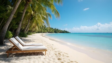 Sun loungers on a sandy beach, palm trees, clear blue sky, calm turquoise water.