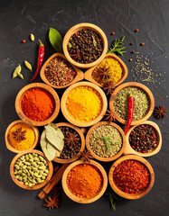 Vibrant food photography showcasing turmeric, chili, paprika, and herbs in decorative bowls.