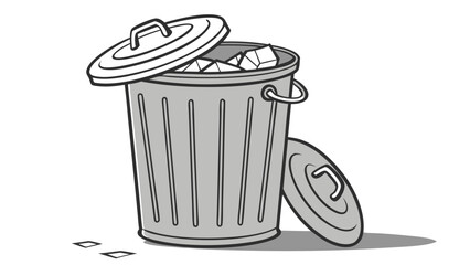 A stylized cartoonish illustration of a gray metal trash can with its lid ajar overflowing with crumpled paper or waste set against a clean white background with a subtle shadow