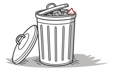 A simple cartoon illustration of an open trash can filled with crumpled paper and a single red piece of paper sticking out with the lid resting beside it