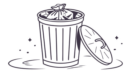 Hand drawn illustration of a full trash can with a tied bag overflowing and the lid propped open next to it isolated on a white background with sparkling accents