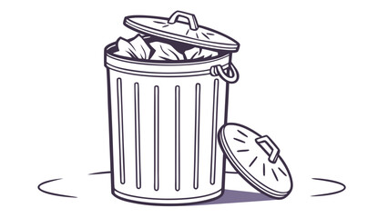 A stylized outline drawing of a metal trash can with its lid ajar revealing crumpled paper waste inside with the detached lid resting beside it