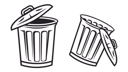 Two stylized black and white illustrations of trash cans one upright with an open lid and the other tilted with its lid ajar isolated on a white background