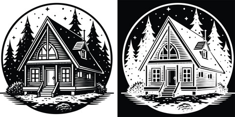 Cozy cabin retreat nestled amongst snowy pine trees under a starry night sky, evoking peaceful winter escape