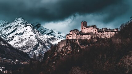 Fototapeta premium A majestic ancient village nestled high in the mountains, cradled beneath a dramatic sky.