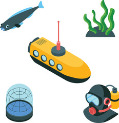 Deep Ocean Research Isometric Icons Array Submersible Vehicle, Radar Dome, Lanternfish, Seaweed, and Diving Gear